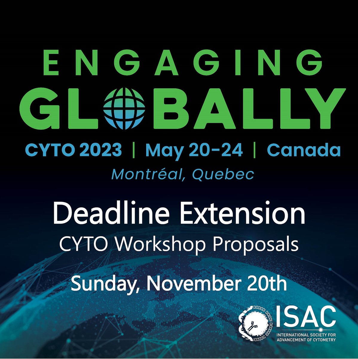 Deadline Extension!! CYTO 2023 Workshop Proposals due Sunday, November 20th Learn more and submit your workshop here: cytoconference.org/workshops.html #CYTO2023 #Cytometry #ISAC_CYTO