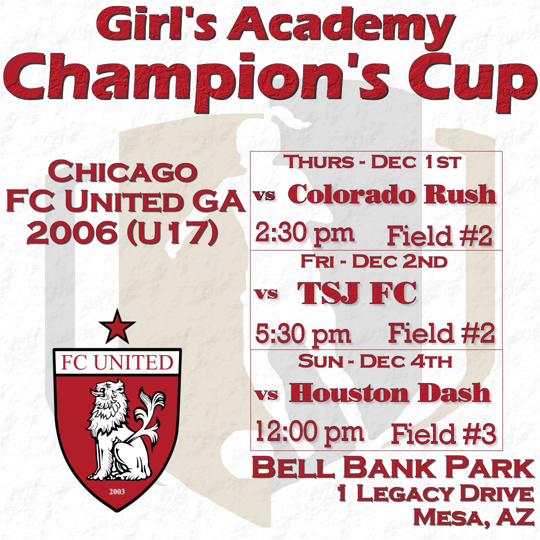 Come see us in Mesa, AZ on Dec 1st-4th!
(We promise not to bring the cold weather with us!)
*Schedule subject to change &amp; will be confirmed/posted each gameday morning.

<a href="/ChicagoFCUnited/">Chicago FC United</a> 
<a href="/GAcademyLeague/">Girls Academy</a> 
<a href="/TopDrawerSoccer/">TopDrawerSoccer</a> 
<a href="/ImYouthSoccer/">ECNL/GA/Recruiting/College Soccer</a> 
<a href="/ImCollegeSoccer/">College Soccer Truth ™</a> 
<a href="/PrepSoccer/">Prep Soccer ⚽️</a>