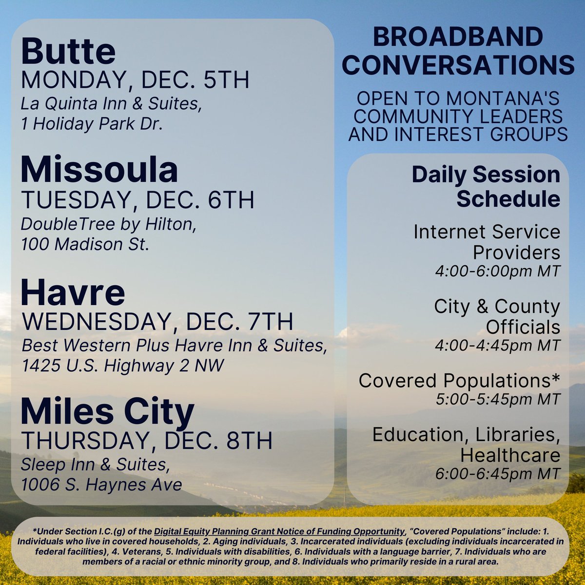 Nearly 24% of Montanans do not have an internet subscription of any kind – help Montana close the digital divide by sharing your experiences with broadband access during Community Leader conversations (open to select stakeholders, email ConnectMT@mt.gov to register).