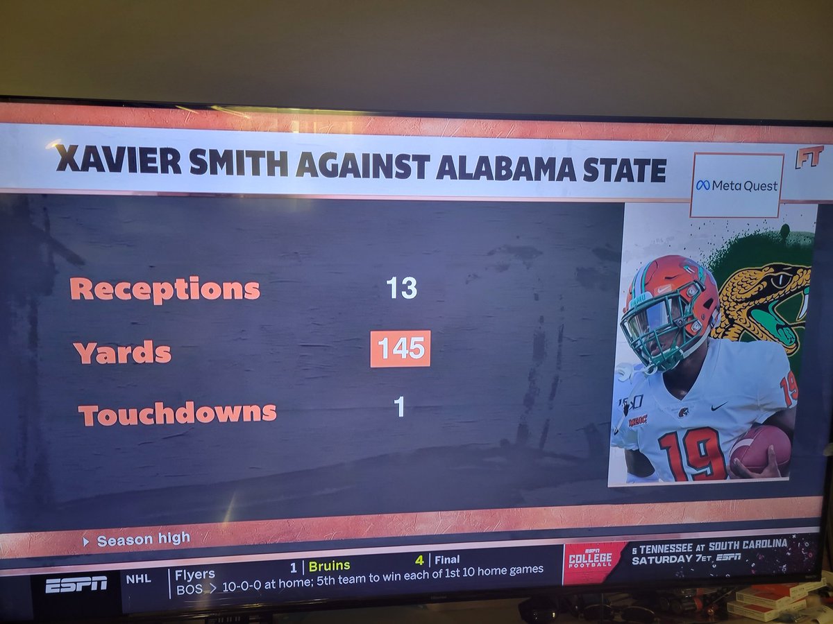 LegendofGrundy's tweet photo. Shout out to First Take for recognizing Xavier Smith's performance last week vs Alabama State as the HBCU Spotlight player of the week! 🐍🧡💚 #RattlerMan #FAMU4Life @FAMU_FB https://t.co/BVrsNpsbuY