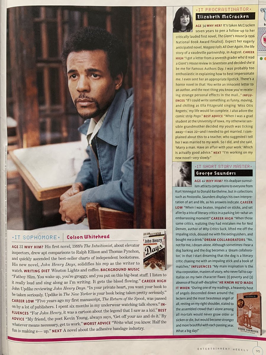 Pg 95

It Sophomore - Colson Whitehead (31), author of The Intuitionist and John Henry Days

It Procrastinator - Elizabeth McCracken (34), author of Niagara Falls All Over Again

It Short Story Master - George Saunders (42), author of Pastoralia