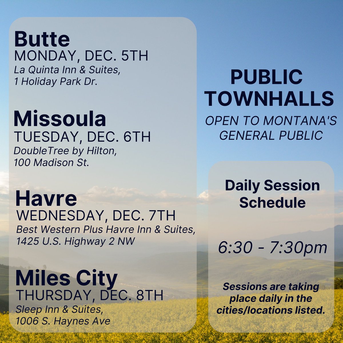 Nearly 24% of Montanans do not have an internet subscription of any kind – help Montana close the digital divide by sharing your experiences with broadband access during in-person Public Townhalls (open to the general public, no registration required). We hope to see you there!