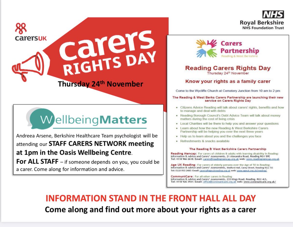 #CarersRightsDay is Thur 24th November. Lots of info & advice available @RBNHSFT including #StaffCarerNetwork event &  collaboration with #CarersPartnership to ensure we support all #carers in our community. #NHSThinkCarer #visible & #valued #meetPEET #Wellbeing #CarersRights