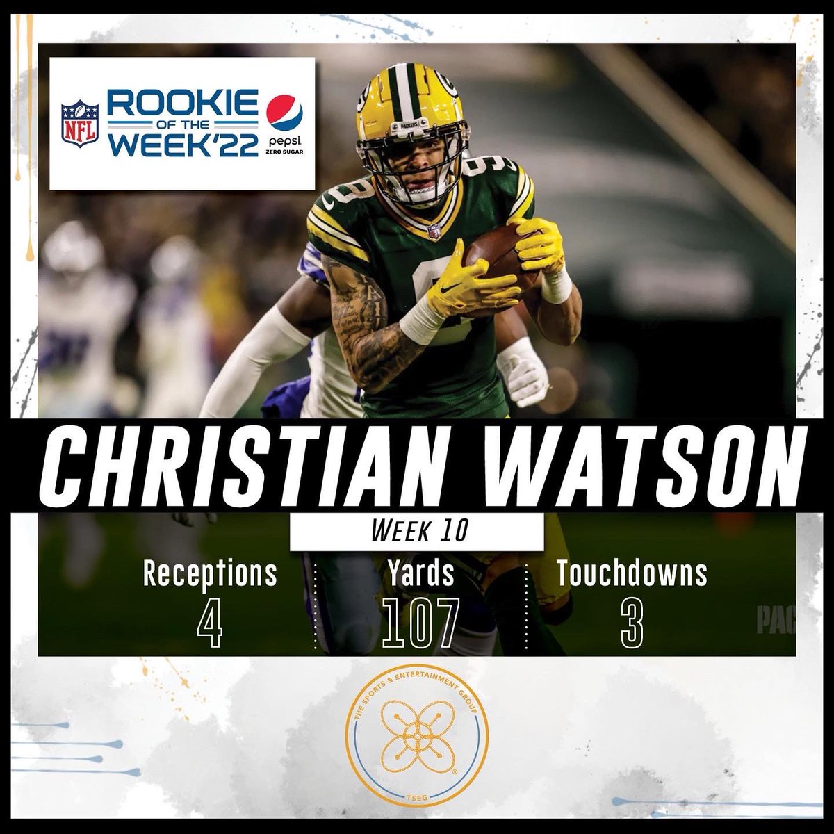 Congratulations to Rookie WR client <a href="/ChristianW2017/">Christian Watson</a> on being voted <a href="/NFL/">NFL</a> Rookie of Week 10 after his 3-touchdown game against the Cowboys! 👏🏾👏🏾