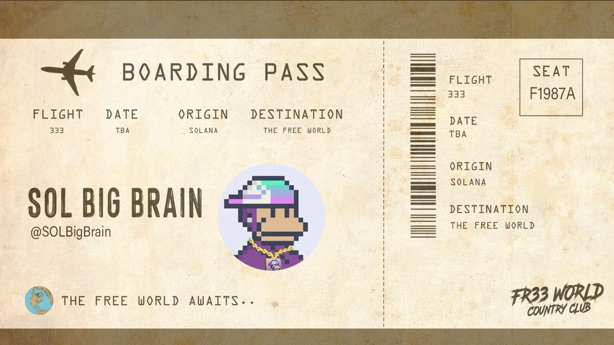 FREE WORLD {π} (@fr33world_cc) on Twitter photo Boarding call for @SolBigBrain βοΈ
Destination <a href="/FR33WORLD_CC/">FREE WORLD {π}</a> π
Flight - 333
Date - TBA
Congratulations & welcome aboard! 
Freedom awaits... Boarding call for @SolBigBrain βοΈ
Destination <a href="/FR33WORLD_CC/">FREE WORLD {π}</a> π
Flight - 333
Date - TBA
Congratulations & welcome aboard! 
Freedom awaits...
