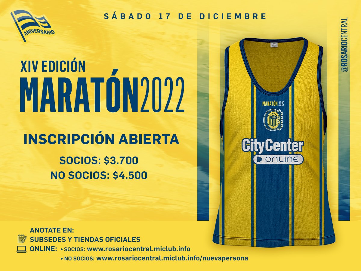 RosarioCentral's tweet photo. 🇺🇦🏃‍♂️🏃‍♀️ ¡Ahora también podés inscribirte a la #MaratonCanalla de manera Online!

Conocé en detalle todas las opciones para anotarte a la 14° Maratón de nuestro Club: https://t.co/rTTpYclV3r https://t.co/OXSdPu8fQR