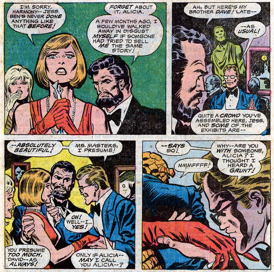 AdamThanosPod's tweet photo. @kidchyron @timprice17 @BatOutcasters @howardduckpod @WahHooPodcast Alicia apparently forgetting about Ben's personality and Dave has a death wish! #Marvel #ComicBooks #BillMantlo #ScottEdelman #RonWilson #JimMooney #DanAdkins #HughPaley #RayHolloway https://t.co/7RHLE8jczB