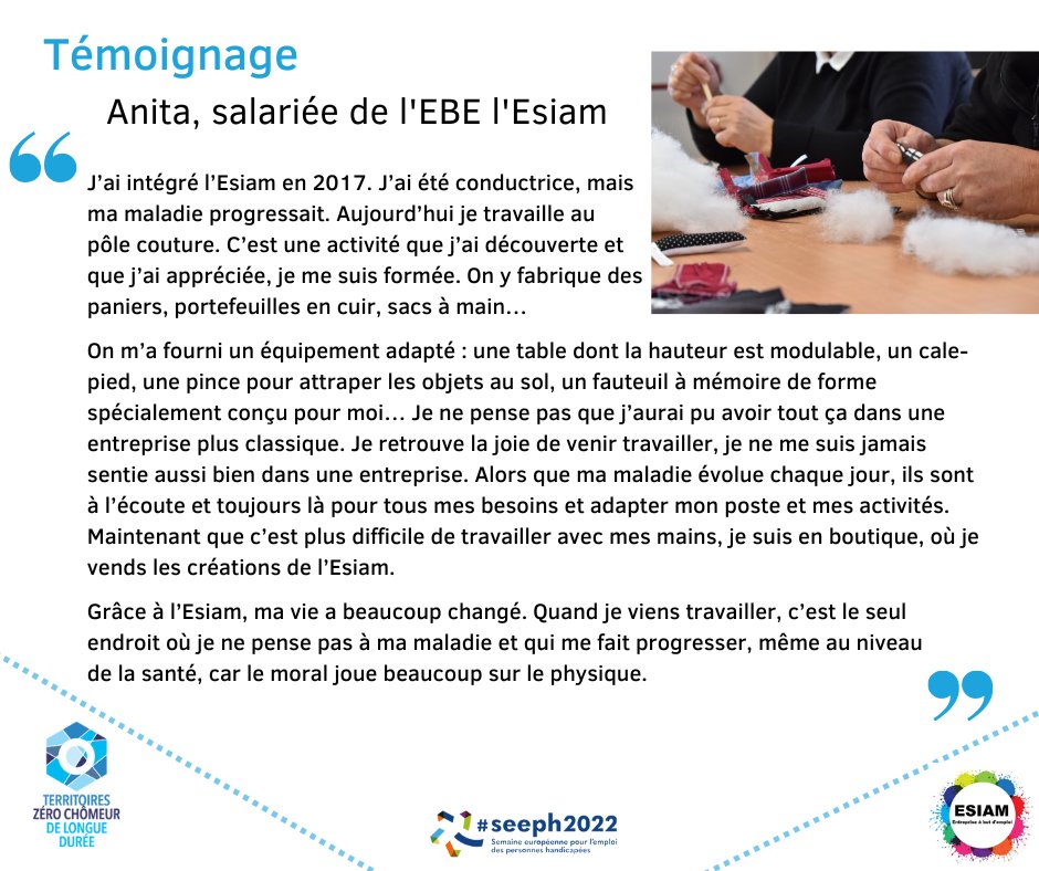 ZeroChomeurLD's tweet photo. #SEEPH2022 // Pour terminer cette Semaine européenne pour l'emploi des personnes handicapées, un partage du témoignage d'Anita, salariée de l'@EsiamEbe 😀 https://t.co/wPcT9esogp