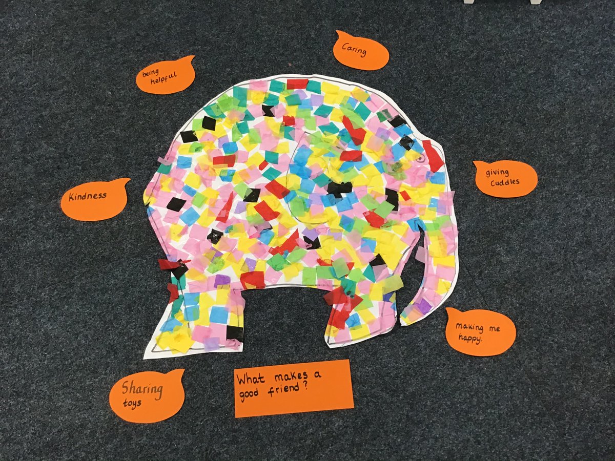 StainesPrepNurs's tweet photo. #StainesPrepSunflowers created a large collage of Elmer. We then discussed what makes a good friend, the children shared their thoughts. Anti Bullying Week @Stainesprep. #StainesPrepBeYourBest https://t.co/hODkIC6Xfg