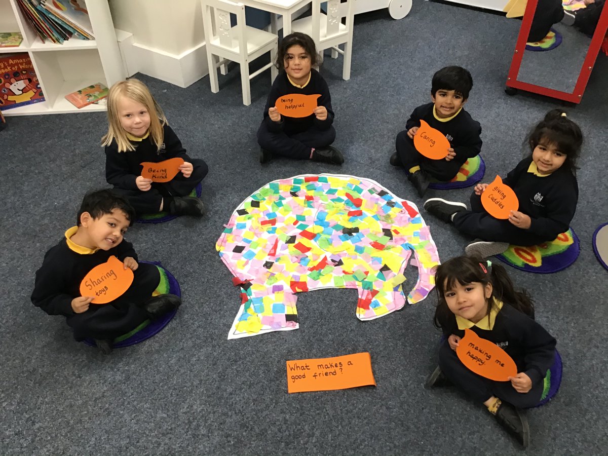 StainesPrepNurs's tweet photo. #StainesPrepSunflowers created a large collage of Elmer. We then discussed what makes a good friend, the children shared their thoughts. Anti Bullying Week @Stainesprep. #StainesPrepBeYourBest https://t.co/hODkIC6Xfg
