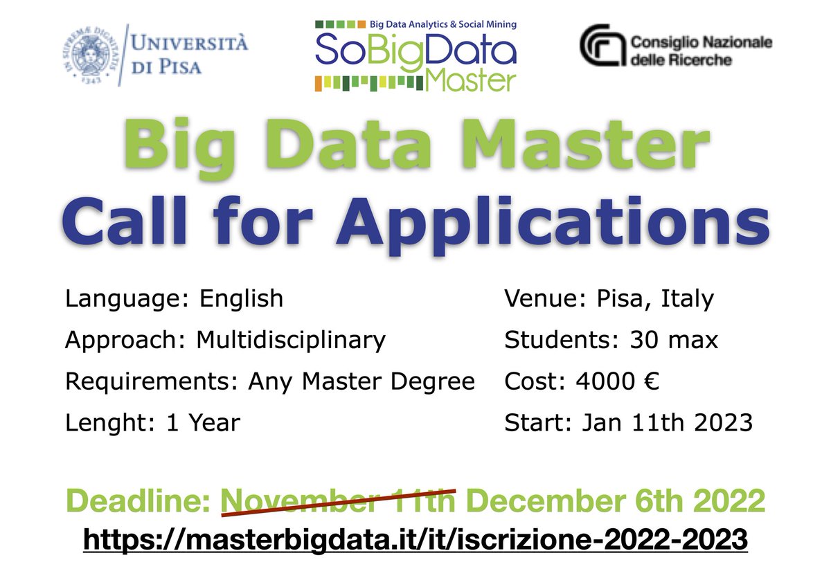 Vuoi lavorare su #BigData con #intelligenzaartificiale #deeplearning #machinelearning e #DataScience?
Disponibili gli ultimi posti per il #Master in #BigData (fino a esaurimento)
#deadline estesa al: 6 Dic 2022
#datajournalism #socialsciences #AI #IA #Pisa
masterbigdata.it/it/iscrizione-…