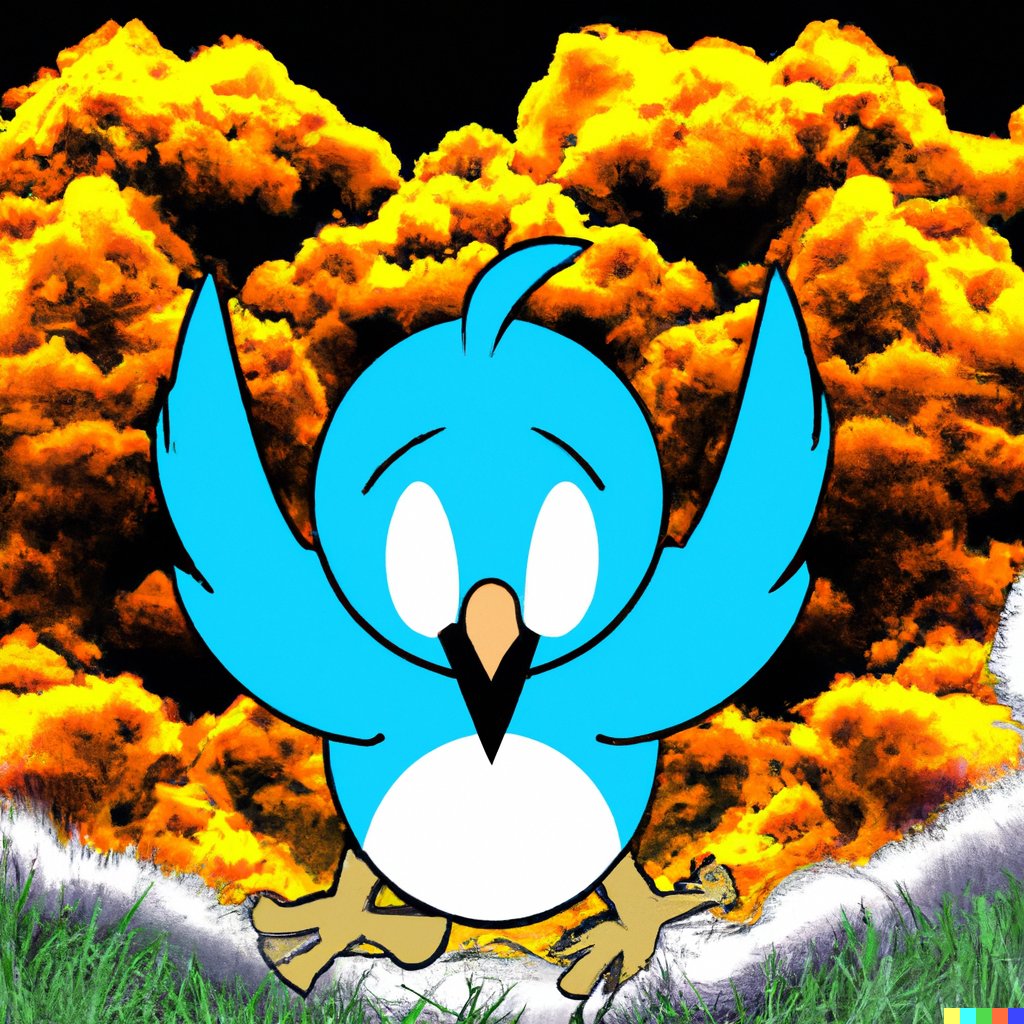 Butzzze's tweet photo. I recently asked Dall-e to draw Twitter Armageddon for me. Now is the time to show you the results! #RIPTwitter #Goodbye_Twitter https://t.co/GSeQS92gjK