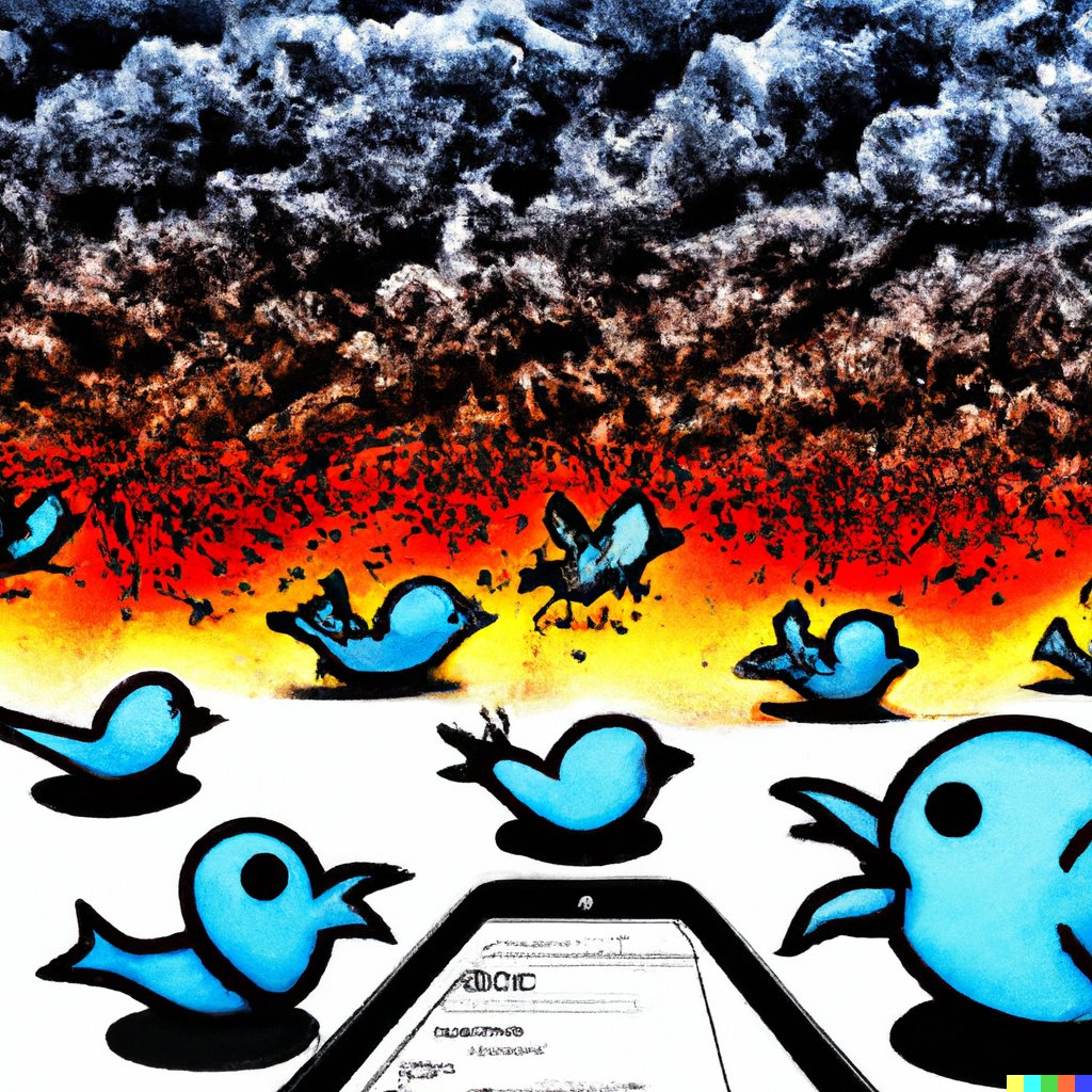 Butzzze's tweet photo. I recently asked Dall-e to draw Twitter Armageddon for me. Now is the time to show you the results! #RIPTwitter #Goodbye_Twitter https://t.co/GSeQS92gjK