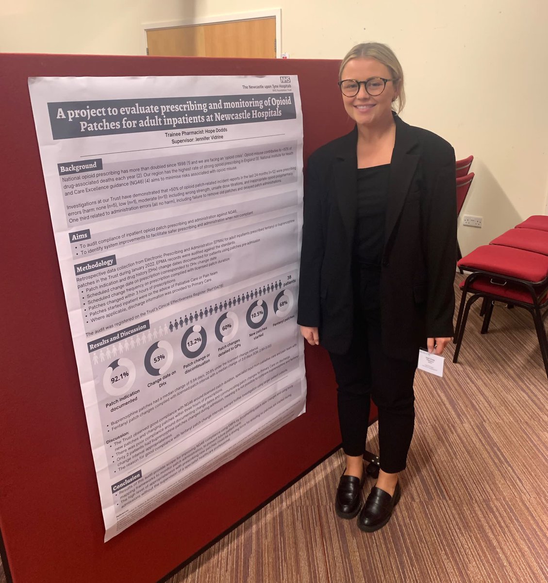 One of our foundation pharmacists, Hope Dodds, presenting her project on the safe use of Opioid Patches today at the #FeelingThePain conference in Durham today. Great work Hope 👏