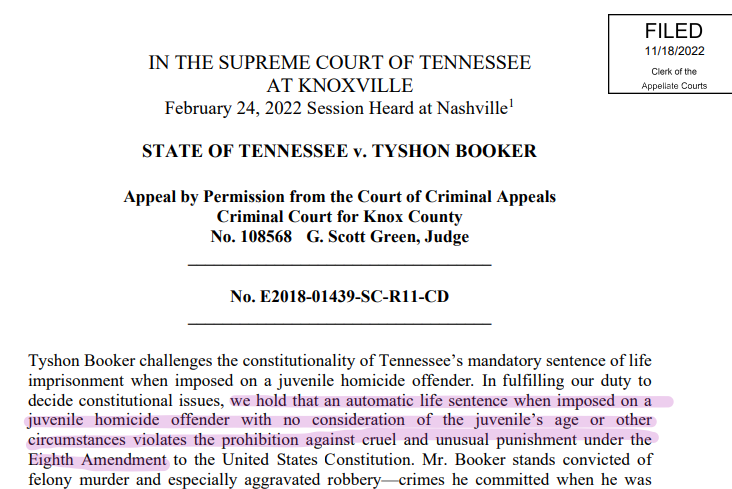TNCrimDefense's tweet photo. Wow! TN Sup Ct holds that a mandatory life-sentence for a juvenile homicide defendant is unconstitutional! https://t.co/T7NPkGs5N3