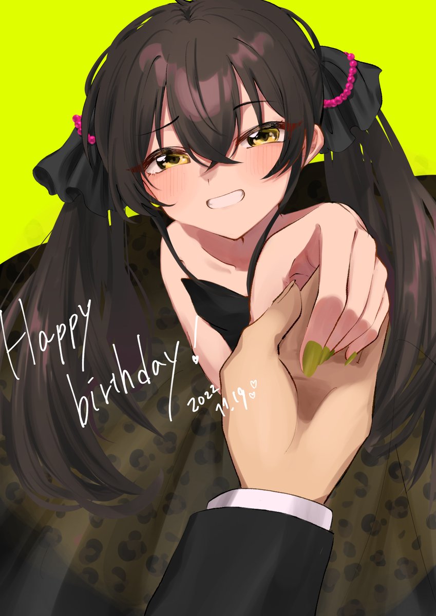 matoba risa 1girl twintails smile leopard print yellow eyes happy birthday black hair  illustration images