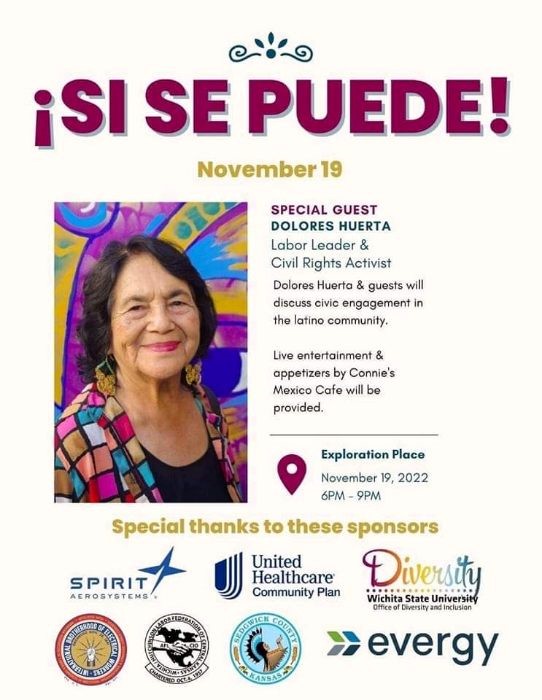 Iconic civil rights and labor leader Dolores Huerta will be in Wichita to discuss civic engagement in the Latino community. 📍Saturday, Nov. 19 📍 6:00 - 9:00 pm 📍Exploration Place