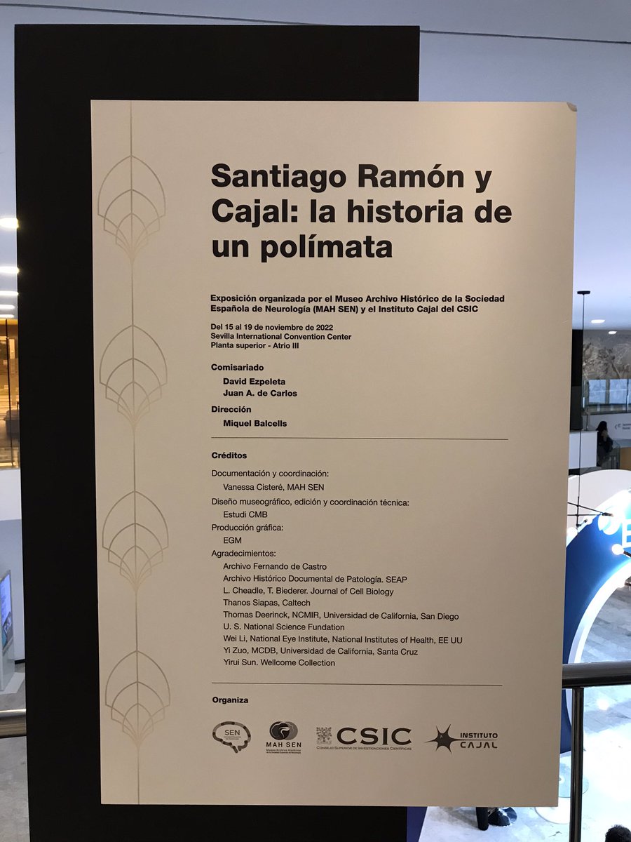 Si estás en la LXXIV Reunión Anual de la @seneurologia, en #Sevilla, no dejes de visitar la excelente exhibión de '#Cajal polímata': ejemplo de buena concepción y realización, comisariada por @davidezpeleta y @de_decarlos (@InstitutoCajal ). #AñoCajal