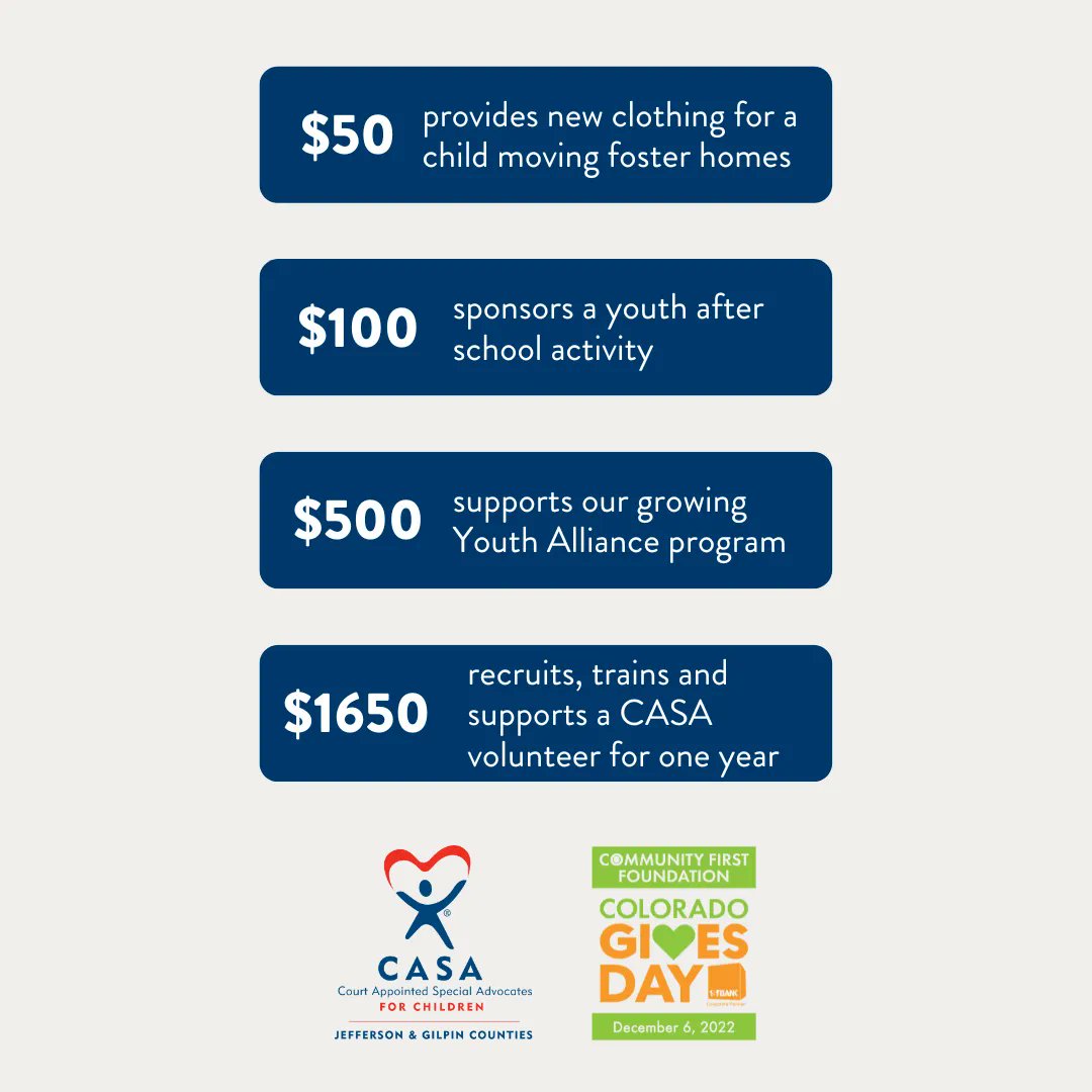 This Colorado Gives Day, Community First Foundation and 1st Bank have created a $1.6 million incentive fund to proportionately share with local nonprofits. Any gift made towards Colorado Gives Day helps CASA Jeffco/Gilpin be eligible for a bigger piece of the fund!