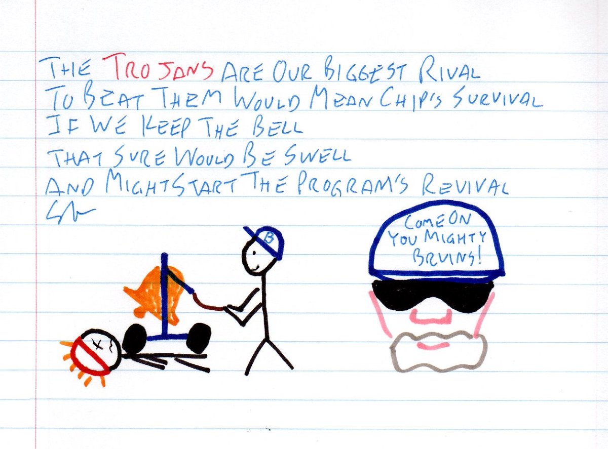 StickPersonPoet's tweet photo. https://t.co/0ZJ2WdXDGz

221118
Come on you mighty Bruins!

The trojans are our biggest rival
To beat them would mean Chip's survival
If we keep the bell
That sure would be swell
And might start the program's revival https://t.co/qFDYsOc6QW