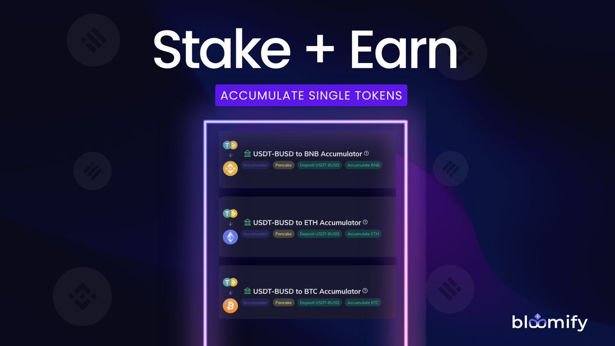 BloomifyApp's tweet image. Want to earn SINGLE TOKENS instead of LP? We got you 🤝 Check out our Accumulators that offer stake LP, earn $BNB, $ETH or $BTC 

Looking for something else? Let us know! 🧑‍💻💵 #BSC #FTM #YieldFarming