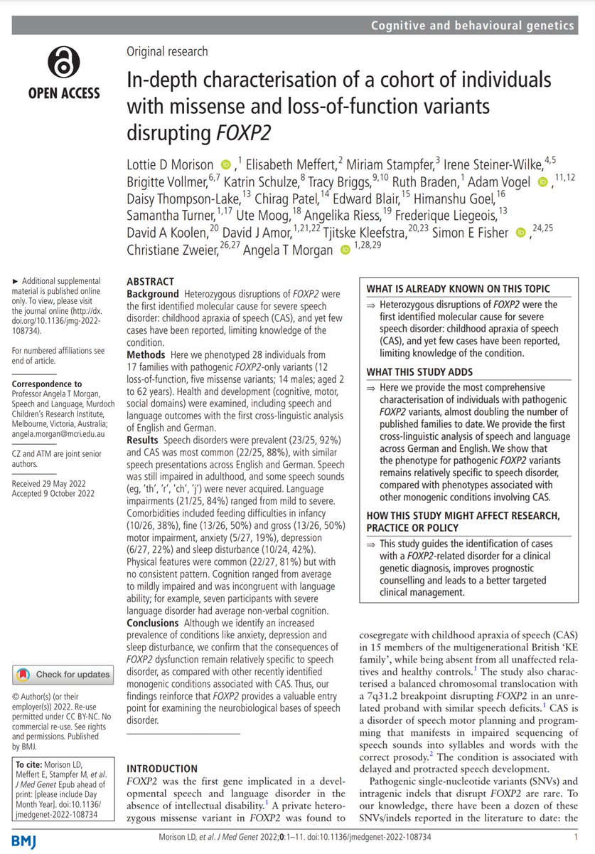In-depth study of 17 families with loss-of-function or missense variants in the FOXP2 gene confirms links to speech/language impairments, &amp; also suggests elevated risk of anxiety, depression, sleep disturbance. Led by <a href="/Lottiedmorison/">Lottie Morison</a>, out now in <a href="/JMG_BMJ/">JMG</a>: jmg.bmj.com/content/early/…