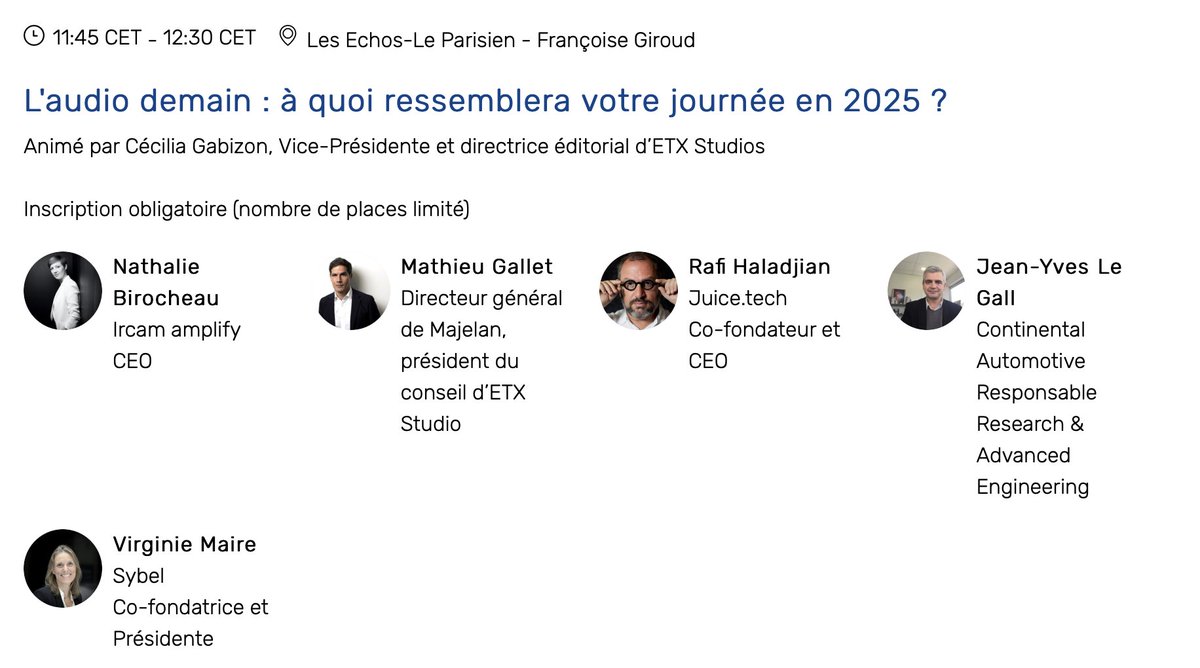 🎙️<a href="/MediasEnSeine/">Médias en Seine</a> est de retour pour une cinquième édition ! On vous donne rendez-vous le 22 novembre à 11h45 pour parler du futur de l'audio avec <a href="/mathieu_gallet/">Mathieu Gallet</a> <a href="/VirginieMaire/">Virginie Maire</a> <a href="/NBirocheau/">Nathalie Birocheau</a> <a href="/rafigaro/">rafi Haladjian</a>  et Jean-Yves Le Gall. Une conf animée par <a href="/cgabizon/">cécilia gabizon</a>.