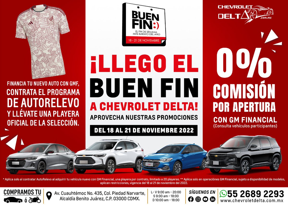 ChevroletDelta's tweet photo. ¡Es hoy! ¡Es hoy! En #ChevroletDelta estamos más que listos para recibirte con las mejores ofertas y promociones del Buen Fin. ⚽🥅🇲🇽   
¡Estrena ahora! 
📲 https://t.co/jyO8ncmYG4 

#buenfin #promociones #promocionesbuenfin #futbol #seleccionmexicana #ElBuenFin #autos #chevrolet https://t.co/0DEtBHEpM2