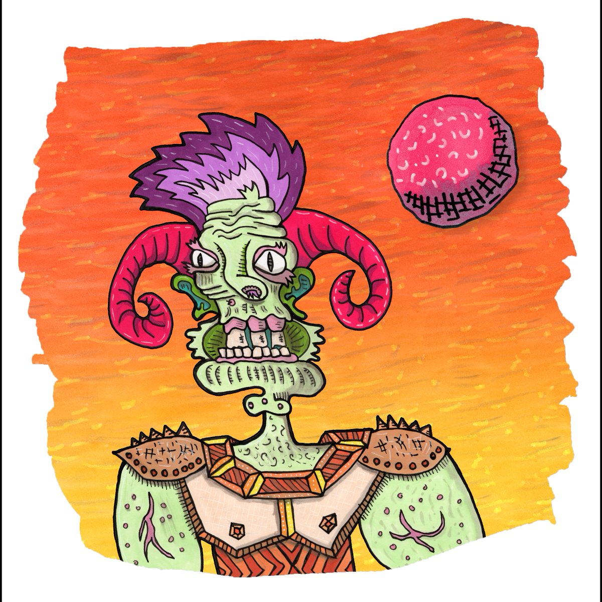 linedrawnlust's tweet photo. Sometimes you just gotta freehand ink a monster starting from the left eye and see where it might take you. Definitely a foot-soldier of some barbaric world, with a monosyllabic name.

#doodle #monster #alien #illustration #inkdrawing  #markerart #cartoon #comicart https://t.co/7vpF748OSm