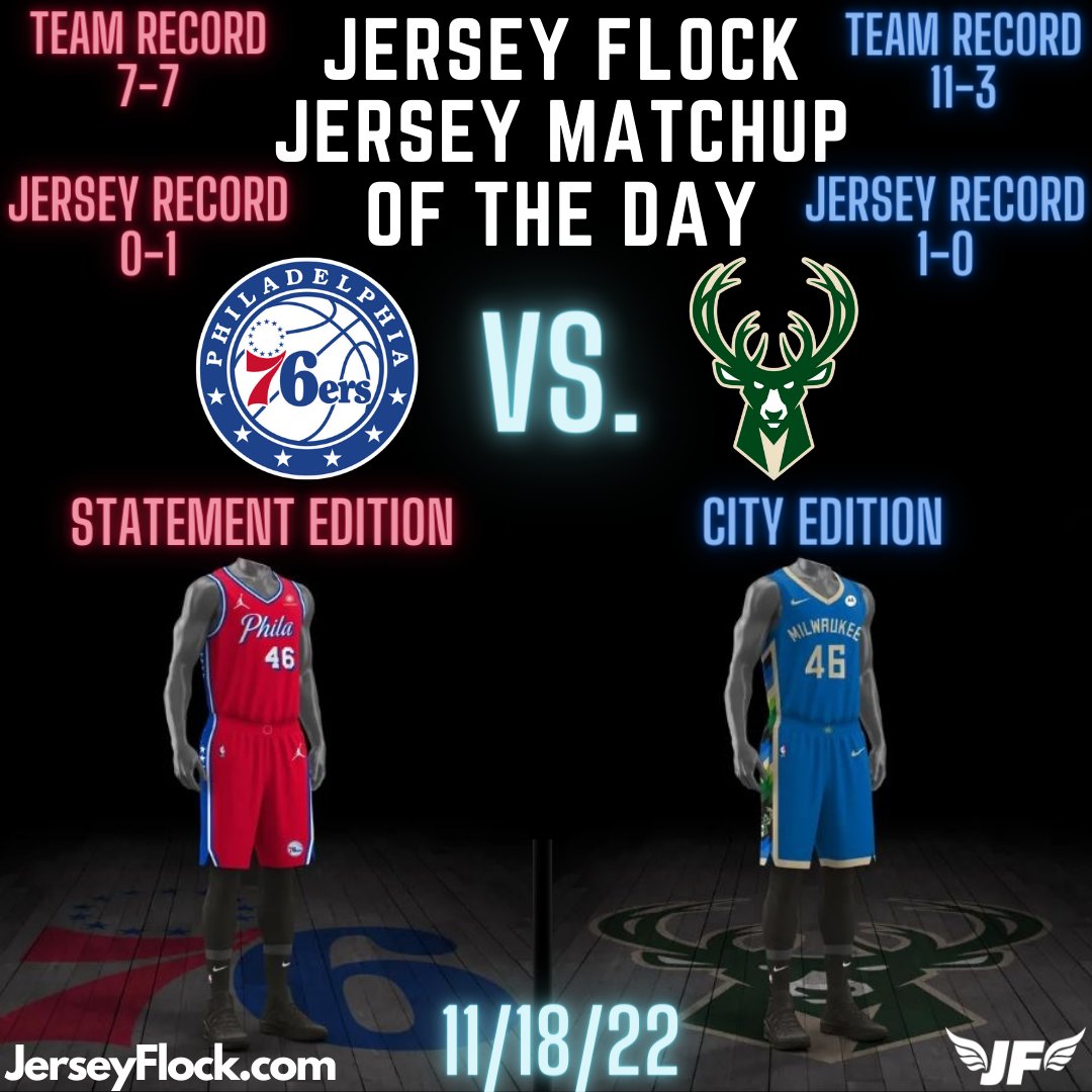 Today's @JerseyFlock Jersey Matchup of the Day! The Bucks travel to Philly wearing their new blue city edition unis. 76ers are wearing their all red statement jerseys 🔥 Game starts at 7:30 EST on ESPN. Who y'all got winning?