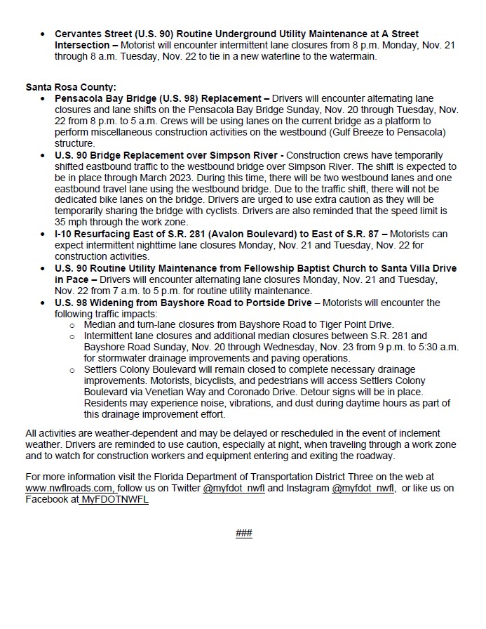 MyFDOT_NWFL's tweet photo. ESCAMBIA &amp; SANTA ROSA – Drivers will encounter traffic disruptions on the following state roads in Escambia &amp; Santa Rosa Counties as crews perform construction and maintenance activities. 
#NWFLtraffic https://t.co/5Ph5R1b4Hz