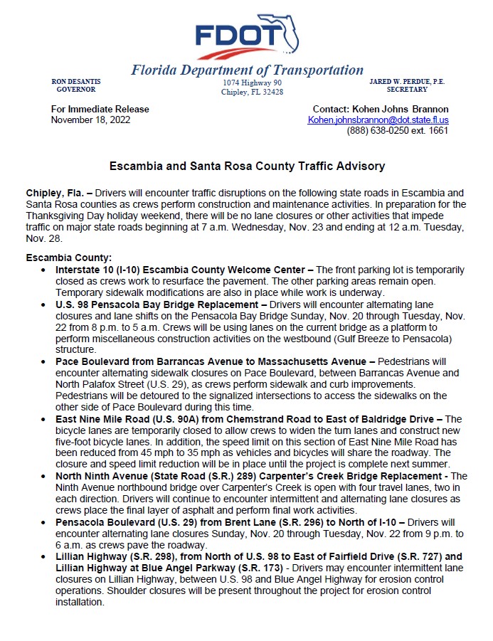 MyFDOT_NWFL's tweet photo. ESCAMBIA &amp; SANTA ROSA – Drivers will encounter traffic disruptions on the following state roads in Escambia &amp; Santa Rosa Counties as crews perform construction and maintenance activities. 
#NWFLtraffic https://t.co/5Ph5R1b4Hz