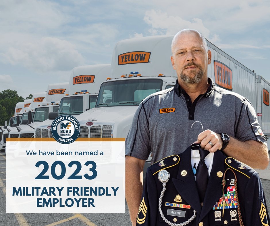 Yellow_Trucking's tweet photo. We are proud to announce we have been named a 2023 Bronze Military Friendly Employer by @Mil_Friendly. 

We are honored to receive this recognition and look forward to continuing our work in supporting the #military and #veteran community.

#OneYellow https://t.co/rp9k4sXPHj