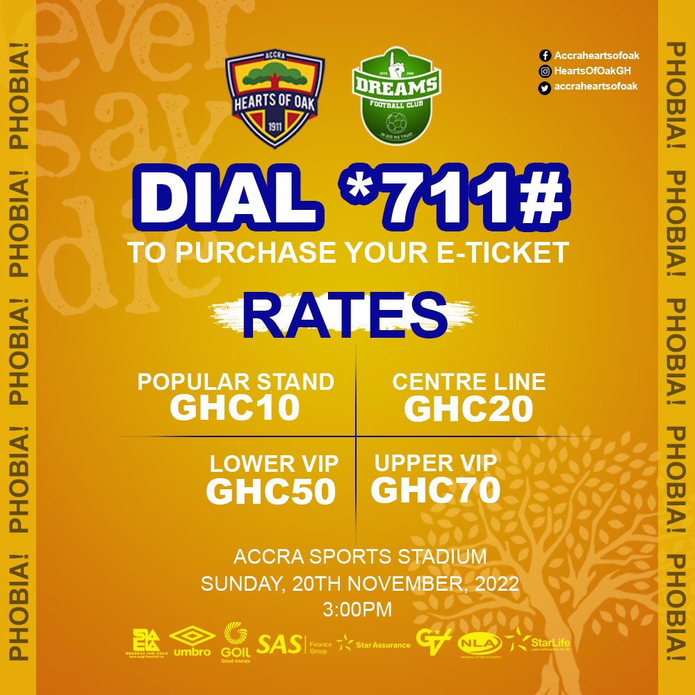 🔴🟡🔵 || TICKET SALES 

On Sunday we will play against Dreams FC at the Accra Sports Staduim at 3pm prompt. This will be the last round of matches for the GPL before the World Cup break. 

Purchase your tickets early by dialing *711#. 

Come and cheer us on to victory.

#AHOSC