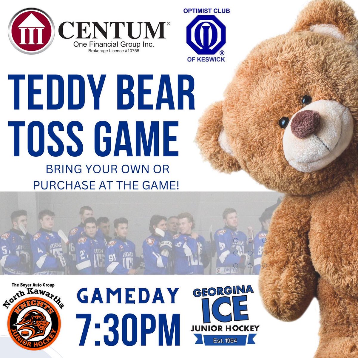 GeorginaIce's tweet image. 🚨🧊GAME DAY🧊🚨

#HereWeGo with one of our BIGGEST games of the year - TEDDY BEAR TOSS v North Kawartha Knights.  Puck drop at 7:30pm, Pre-game warm-up at 7:00pm.

#Rollice #Section94 #HometownCorner #IceWarning #HockeyNightInGeorgina #HometownJuniorHockey #TeddyBearToss