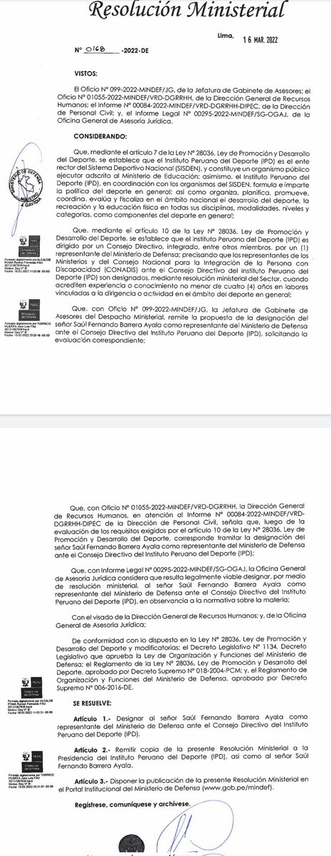 IntimoDon's tweet photo. @rlopezaliaga1 @GavinDCook Tío Porky, por qué estás llevando a Comunistas la SAT de Lima? Saúl Barrera es un operador del Asno. Sino mira su designación por parte del Asno Gavidia del Ministerio de Defensa Resolución 168-2022-DE. Y ni qué decir de sus denuncias en la Fiscalía. https://t.co/OEke5nVV7V
