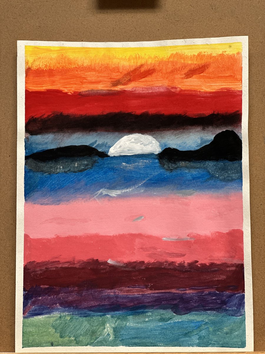 chelsiemeyer's tweet image. Students in “Intro to Art” completed a paint along where we only used primary colors, Red, Blue, &amp;amp; Yellow + White &amp;amp; Black, to paint these sunset silhouettes! Looking forward to their final painting projects as they did such a great job on these! #IFACadetPride