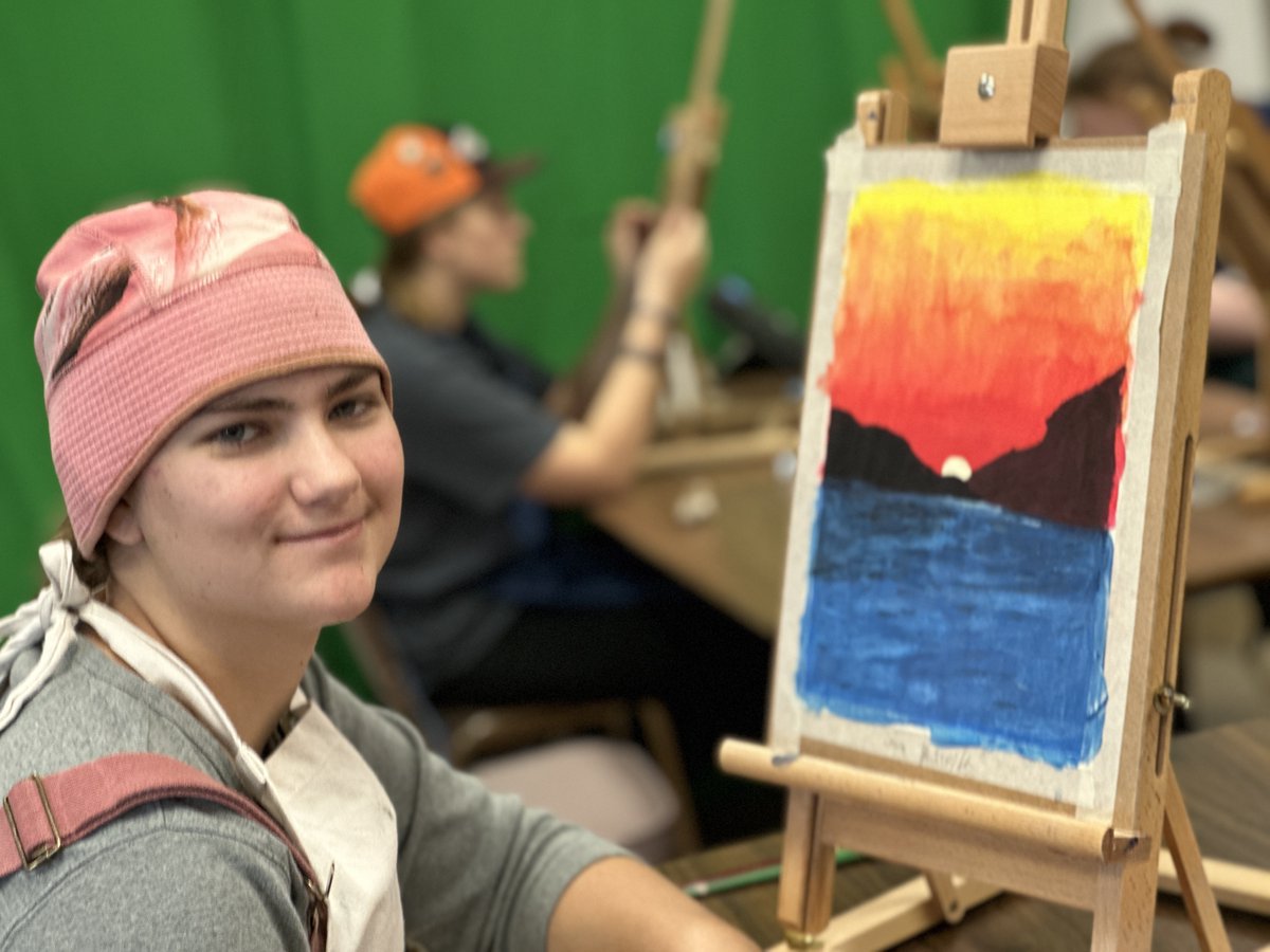 chelsiemeyer's tweet image. Students in “Intro to Art” completed a paint along where we only used primary colors, Red, Blue, &amp;amp; Yellow + White &amp;amp; Black, to paint these sunset silhouettes! Looking forward to their final painting projects as they did such a great job on these! #IFACadetPride