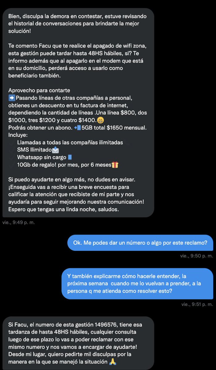 facu_zeta's tweet photo. @segafredo23 @rusosnith @PersonalFlow_At @ENACOMArgentina Sigo en la lucha para que apaguen Personal Wifi Zone de mi modem.

10Nov: no se puede apagar
11Nov: ok, te lo apago, me da un numero de gestion, (espere 48hs)
18Nov: no se puede. el numero de gestion que te dieron no no arroja resultados 

@PersonalFlow_At pueden resolverlo? https://t.co/g8nGZ9F6jh