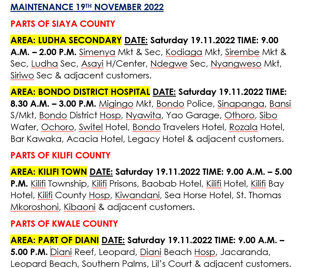 Kenya Power on Twitter "Hello, please find the areas scheduled for