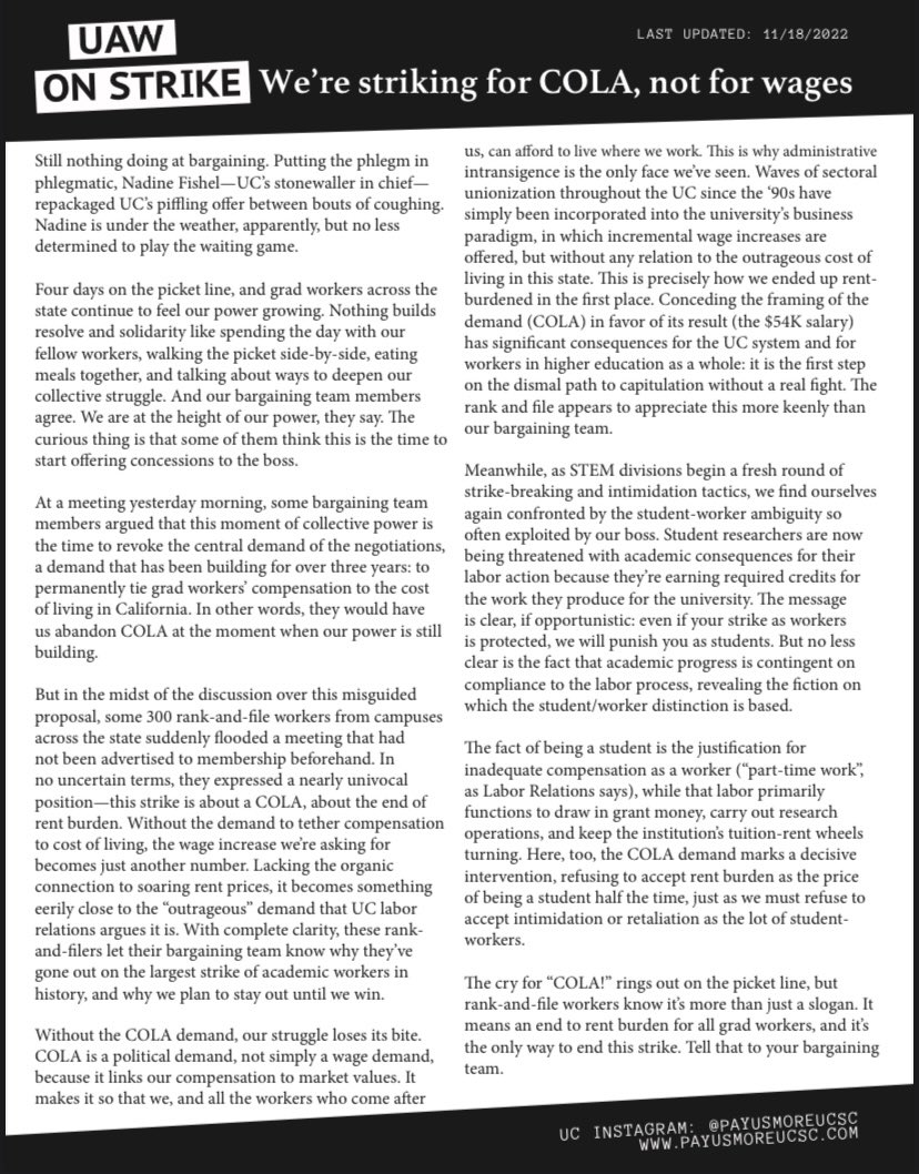 At a meeting yesterday morning, some on the bargaining team argued that this moment of collective power is the time to revoke the central demand of the negotiations, a demand that has been building for over 3 years: to permanently tie grad workers’ pay to the cost of living in CA
