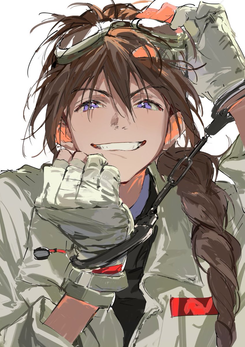 male focus 1boy gloves solo smile brown hair goggles  illustration images