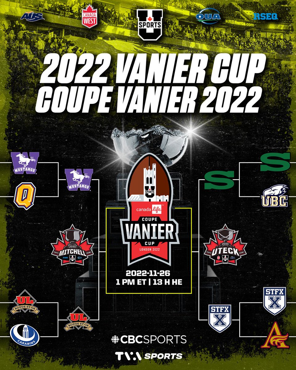 The Road to the Vanier Cup is almost coming to a close with only two more stops to go!

The 2022 Uteck Bowl:
U of S Huskies vs STFX X-Men 
Nov. 19th , 12:00pm ET

The 2022 Mitchell Bowl:
Western Mustangs vs Laval Rouge Et Or
Nov.19th , 3:00pm ET

Canadian Football Fans Rejoice!🏈