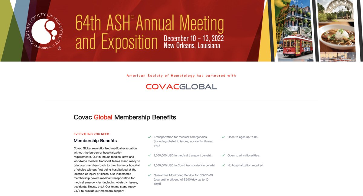 Join us for #ASH22 in New Orleans? Don't forget to sign up for the Medical Evacuation Services: covacglobal.com/american-socie… before December 4, 2022!
<a href="/beckyzon/">Becky Zon, MD</a> <a href="/MayaAbdallah_MD/">Maya Abdallah</a> @AlexandraRezMD  <a href="/NODlike/">บรรชา สุทธิพงษ์</a> <a href="/rmistry91/">Ronak H. Mistry, DO</a> <a href="/DrDariaGaut/">Daria Gaut, MD, MSCR</a> <a href="/JMStempel/">Jessica M. Stempel</a> 
#ASHTraineeCouncil