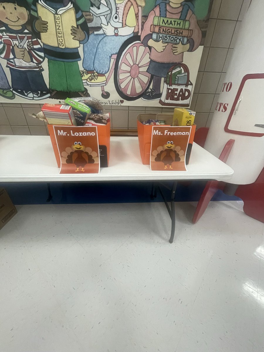 MMCounselorLife's tweet photo. The kids donated for the food drive by placing items in the person’s box they wanted to see dance. Guess who won? I don’t ever mind making a fool out of myself for our students! #chooseLP #HappyThanksgiving @jloz82 @JanetFreeman89 @lpisd @RIZZUTOELEM https://t.co/y9q1499fMG