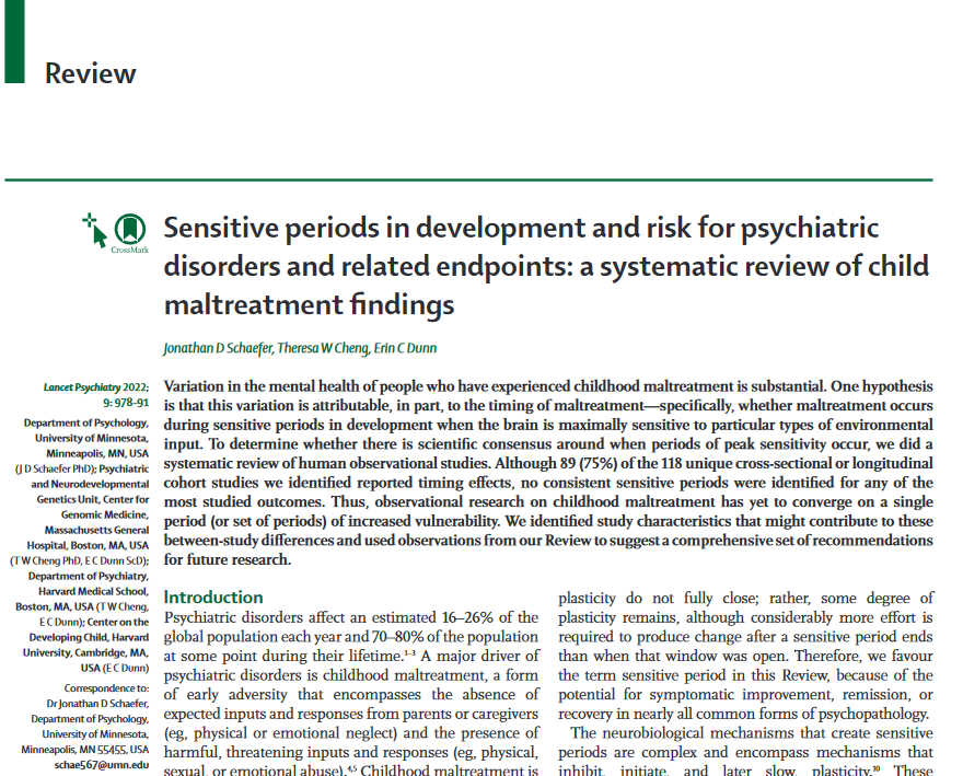 Jonathan D. Schaefer (@jonschaeferphd) on Twitter photo Out today in @TheLancetPsych: A systematic review of studies examining maltreatment timing effects written in collaboration with @cecily_cardew <a href="/ErinDunnScD/">Erin C Dunn, ScD, MPH</a>! bit.ly/3Vd2cUZ Out today in @TheLancetPsych: A systematic review of studies examining maltreatment timing effects written in collaboration with @cecily_cardew <a href="/ErinDunnScD/">Erin C Dunn, ScD, MPH</a>! bit.ly/3Vd2cUZ