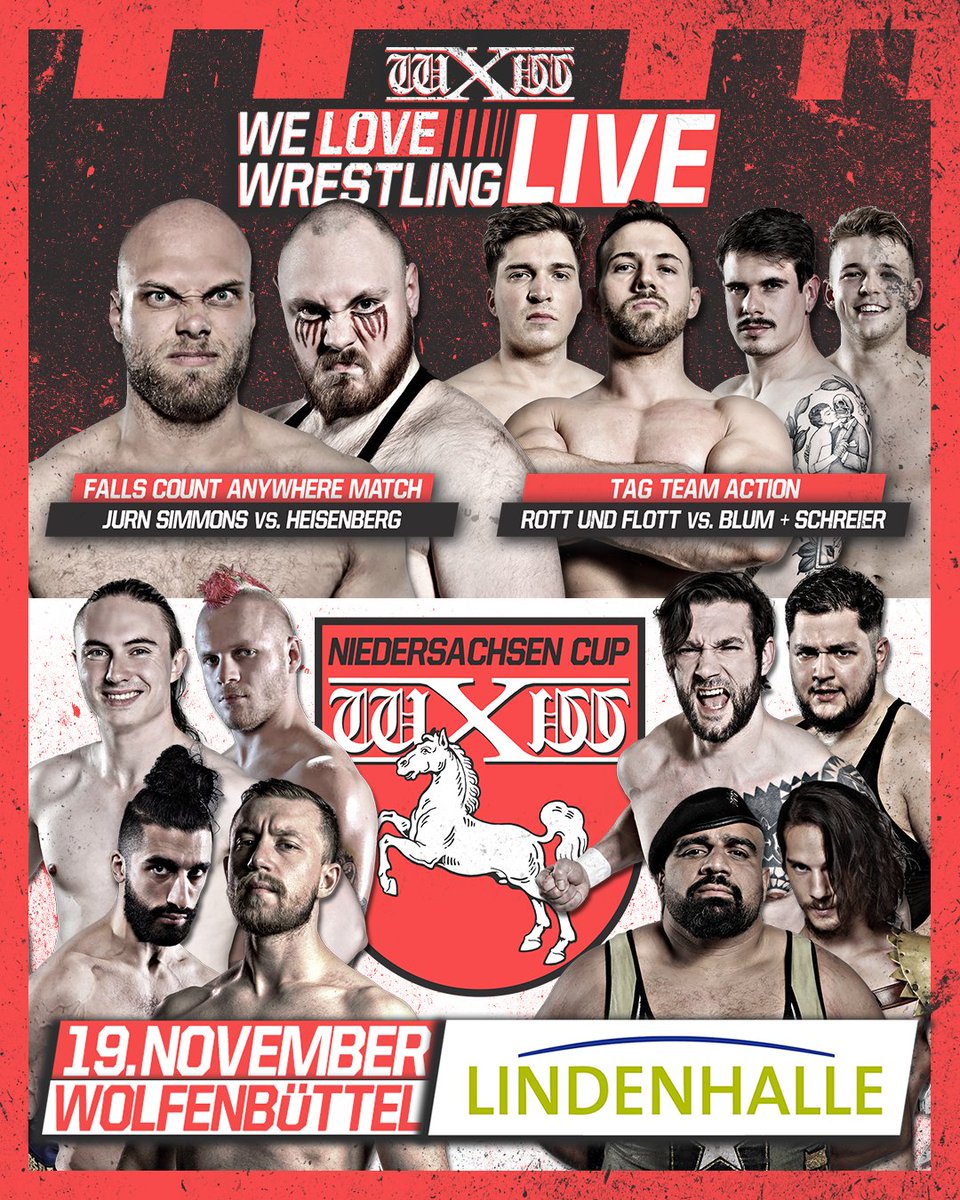 wXwGermany's tweet photo. MORGEN ist es endlich soweit! wXw #WeLoveWrestling in der Lindenhalle Wolfenbüttel mit diesen Matches!

Falls Count Anywhere
@JurnSimmons vs. @Heisenschmerz

Rott&amp; Flott vs. Elijah Blum &amp; @nickschreier

Der 1. wXw Niedersachsen Cup.

Jetzt Tickets sichern: https://t.co/1JWeLOnbFq https://t.co/Gg2jSR6G2a