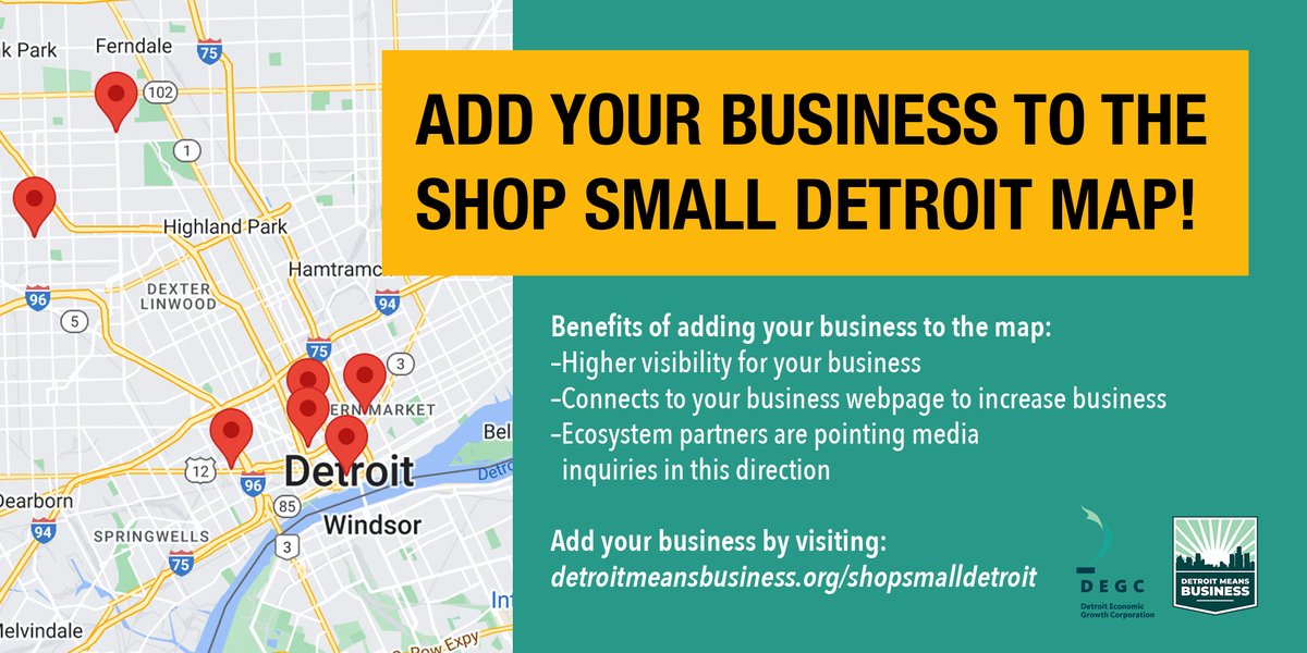 Detroit small businesses can add their business to the Shop Small map from Detroit Means Business &amp; Detroit Economic Growth Corporation! Gain visibility and increase traffic by adding your business to the map: detroitmeansbusiness.org/shopsmalldetro…