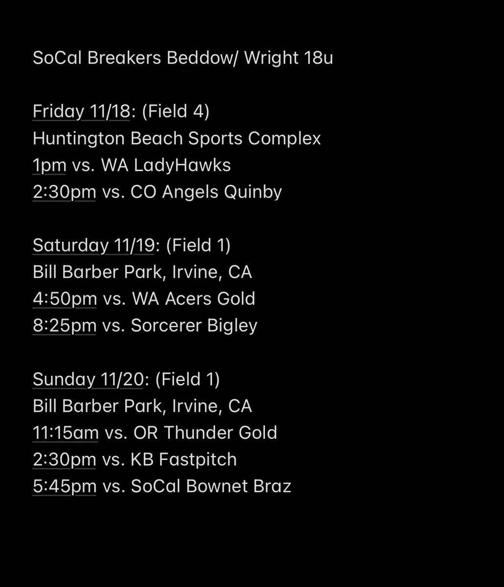 AlexisHuey10's tweet photo. Schedule for this weekends PGF Early Thanksgiving Showcase! @PGFnetwork #uncommitted #softball https://t.co/uwcWvdtfM9