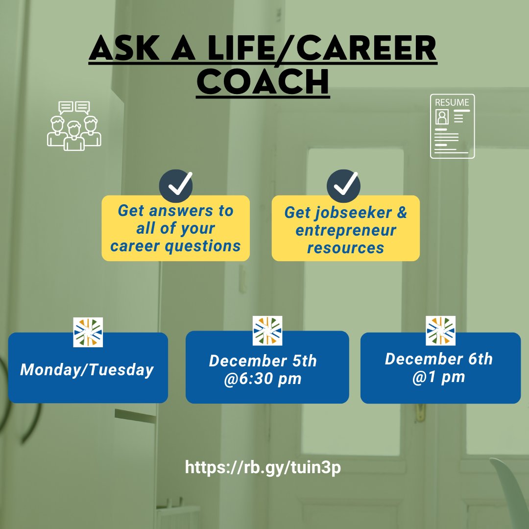 Baltimore_JHSG's tweet photo. On #December 5th and 6th, #joinus for "Ask A Career Life Coach"!

Meet coaches and counselors from across Maryland, and other #workforce development agencies, nonprofits, and private practices from around the country.
https://t.co/vnTGu7GC44
#Careers #Job #life #JobSeekers https://t.co/D7Z2oD7mb3